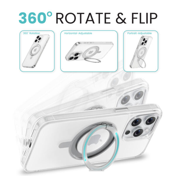 Super Snap Clear Case for iPhone 16 with Built-in 360° Rotation Gold Metal Ring and Support Magnetic Wireless Charging - Image 3