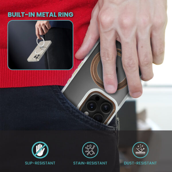 Super Snap Clear Case for iPhone 16 with Built-in 360° Rotation Gold Metal Ring and Support Magnetic Wireless Charging - Image 7