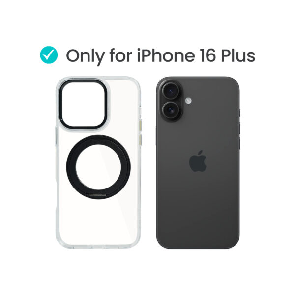 Super Snap Clear Case for iPhone 16 Plus with Built-in 360° Rotation Black Metal Ring and Support Magnetic Wireless Charging - Image 2