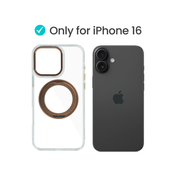 Super Snap Clear Case for iPhone 16 with Built-in 360° Rotation Gold Metal Ring and Support Magnetic Wireless Charging - Image 2