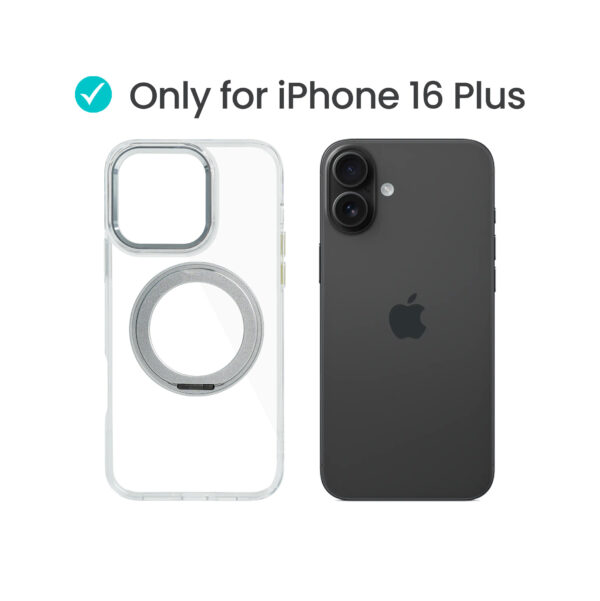 Super Snap Clear Case for iPhone 16 Plus with Built-in 360° Rotation Silver Metal Ring and Support Magnetic Wireless Charging - Image 2